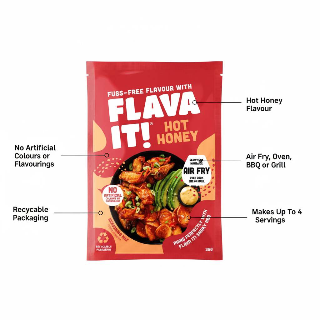 Flava It! Hot Honey Seasoning Mix 35g - product highlight with packaging callouts