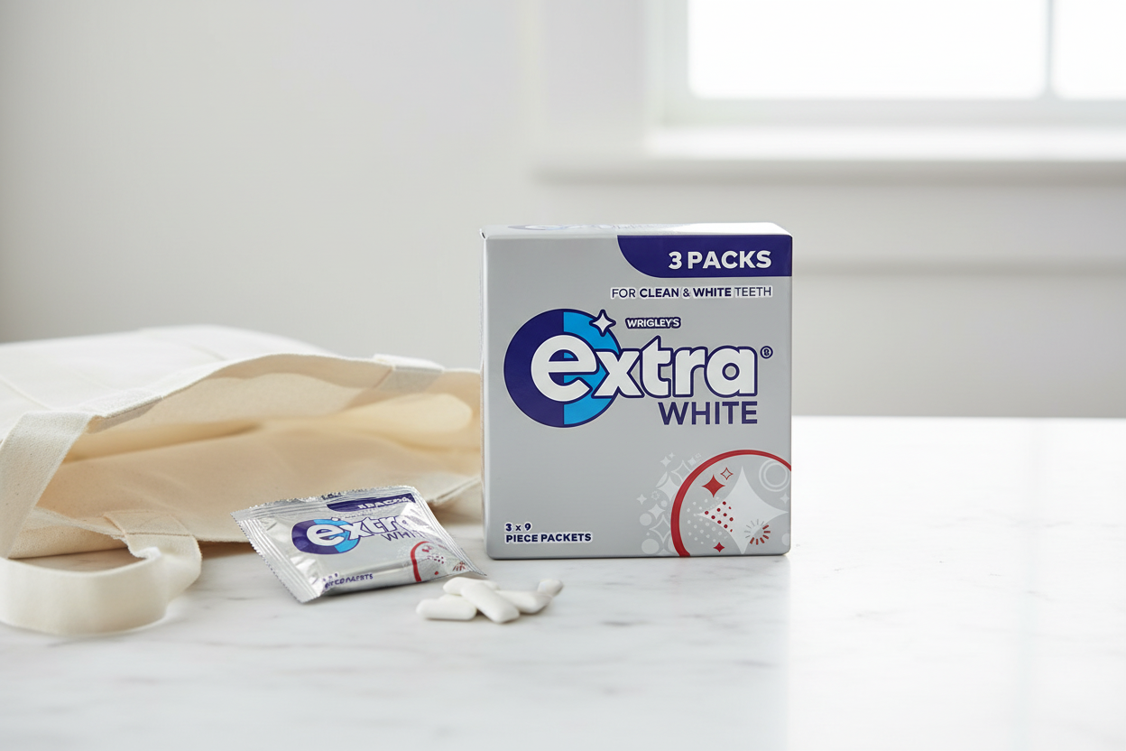 Wrigley's Extra White Gum 3 Pack - lifestyle image on white marble surface with tote bag and individual packet