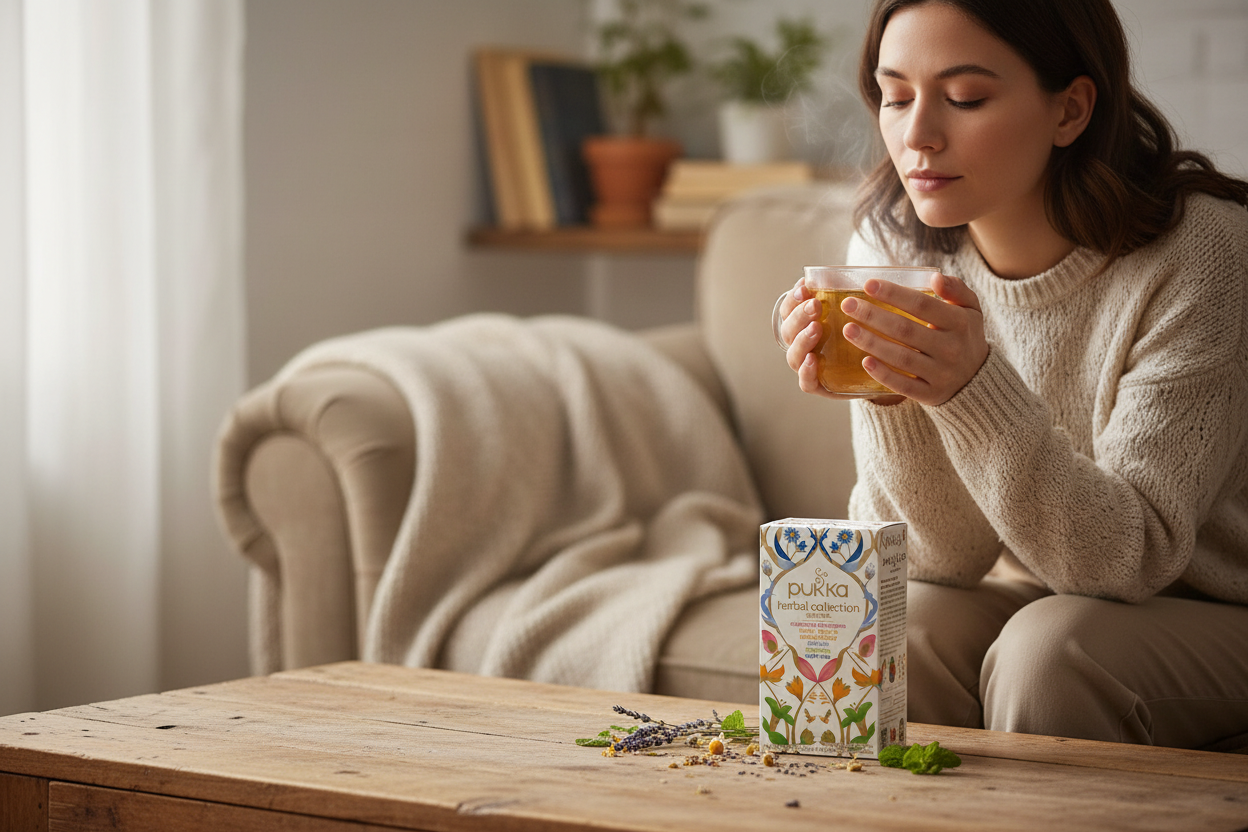 Pukka Organic Herbal Collection box on a wooden table next to a clear glass mug of warm golden herbal tea, soft natural daylight with dried flowers nearby