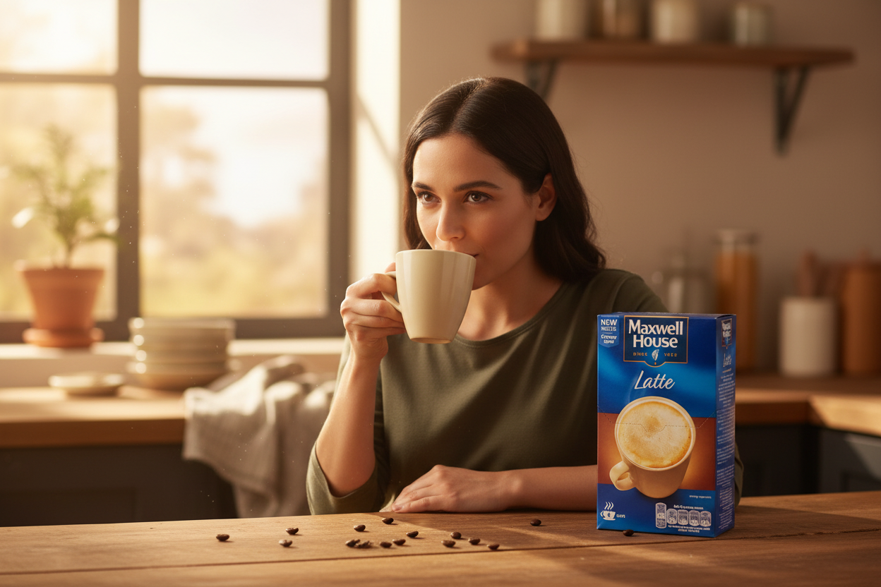 A cosy kitchen scene with a frothy creamy latte in a mug next to the Maxwell House Latte box, warm morning light and coffee beans on the counter