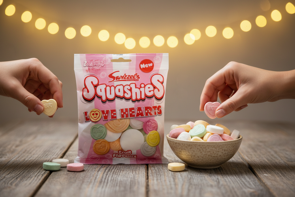 Swizzels Squashies Love Hearts bag and bowl of colourful heart sweets on a rustic wooden table with warm fairy lights in the background