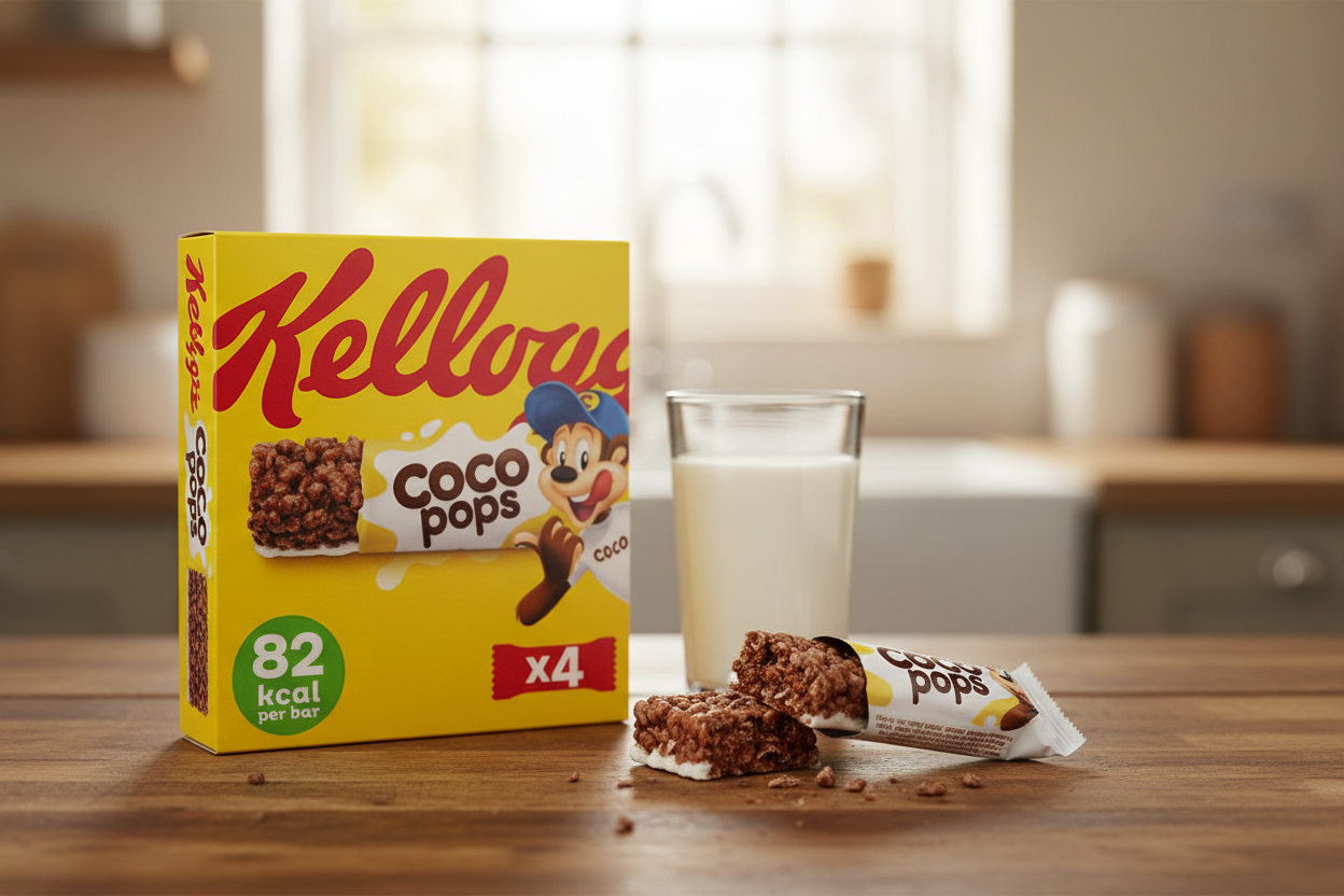 Kellogg's Coco Pops Chocolate Cereal Bars 4x20g - lifestyle image with unwrapped bar and glass of milk