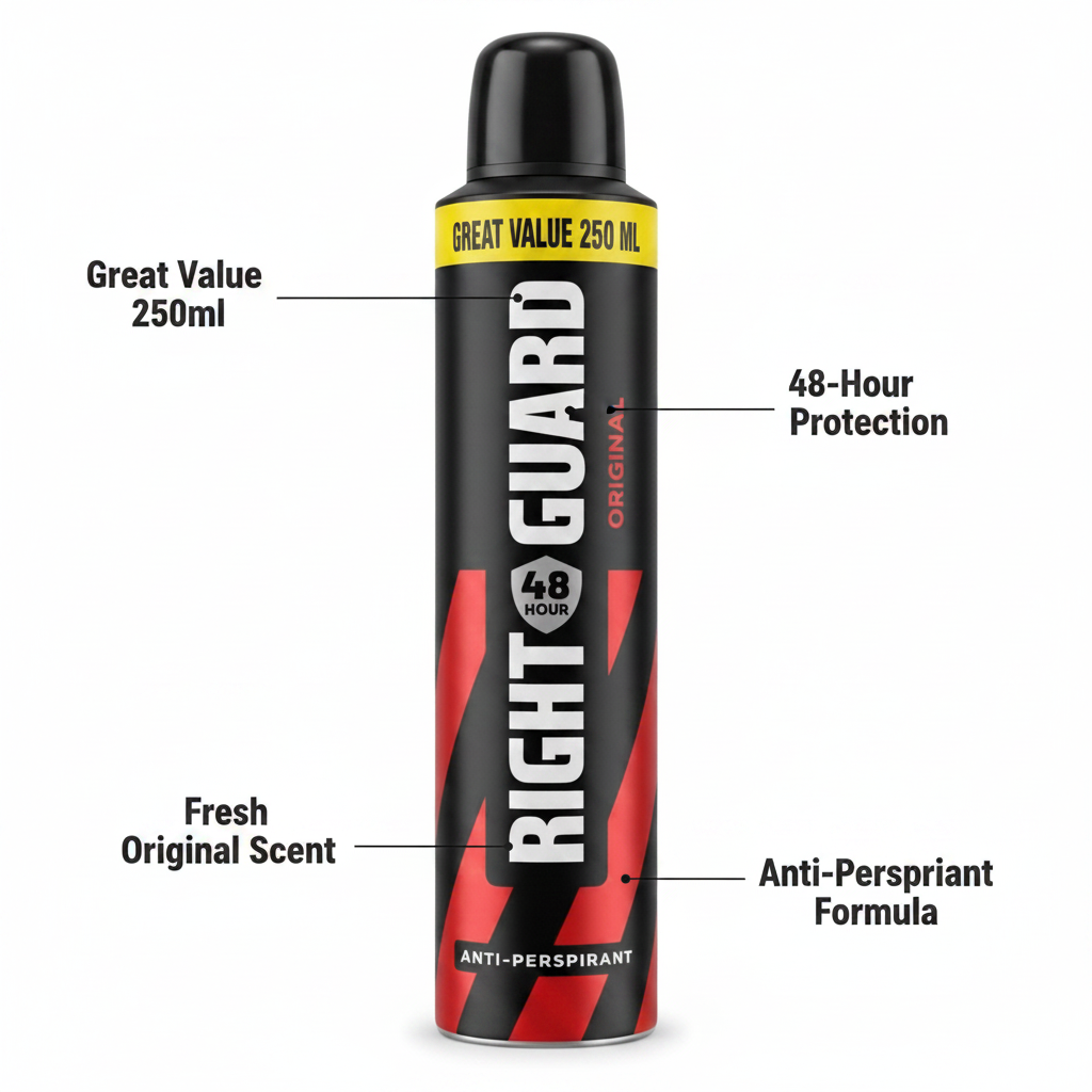Right Guard Original Anti-Perspirant Deodorant Spray 250ml - product highlight with feature callouts
