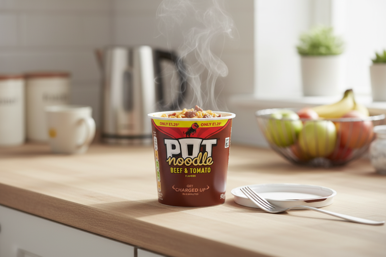 Pot Noodle Beef & Tomato Flavour 90g - lifestyle image with kettle and steaming noodles
