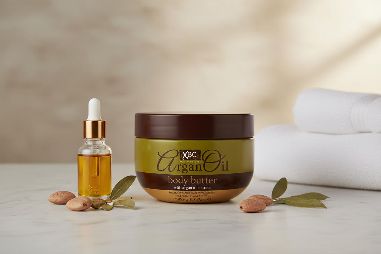 XBC Argan Oil Body Butter 250ml - lifestyle image in bathroom setting with argan oil props