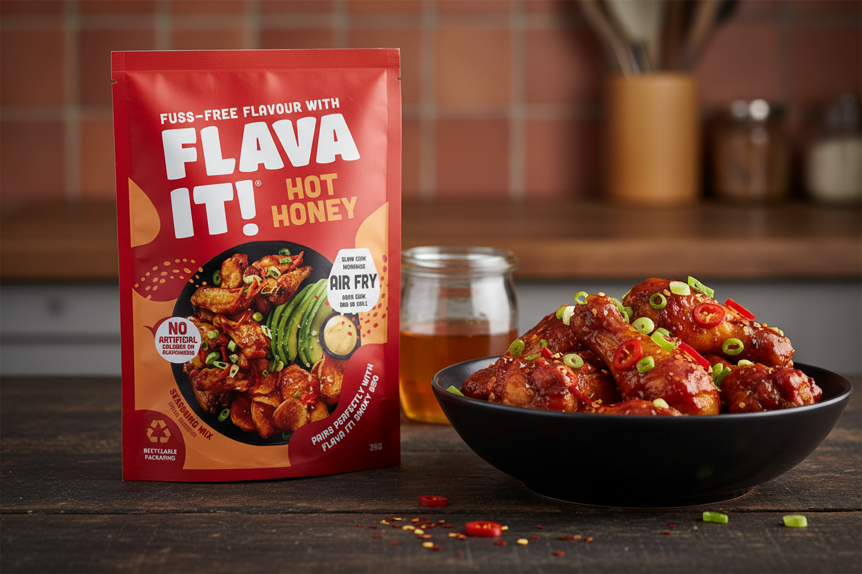 Flava It! Hot Honey Seasoning Mix 35g - lifestyle image with sticky glazed chicken and chilli props
