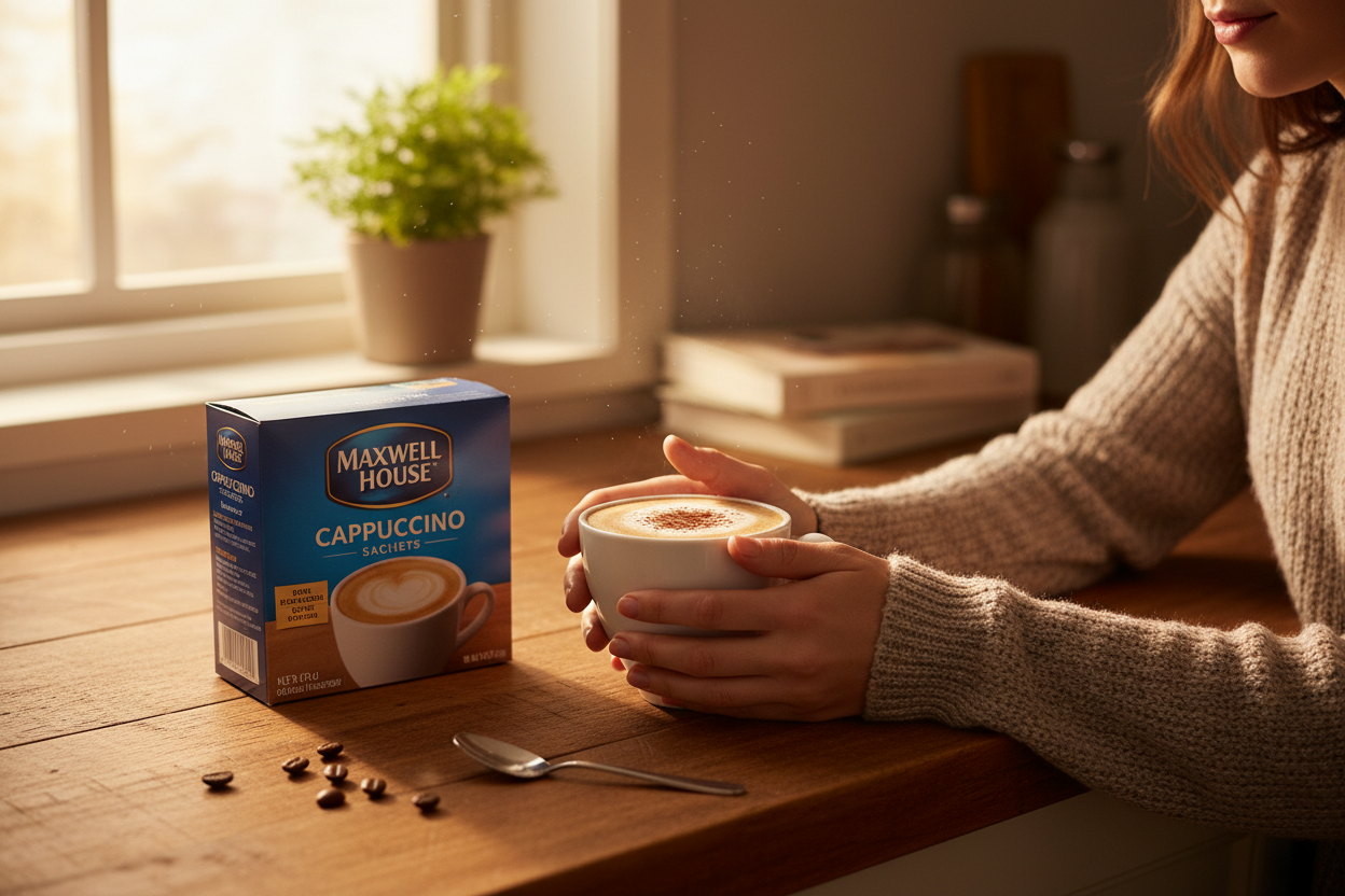 A cosy kitchen scene with a frothy cappuccino in a white ceramic mug next to the Maxwell House Cappuccino Sachets box, warm morning light and coffee beans on the counter