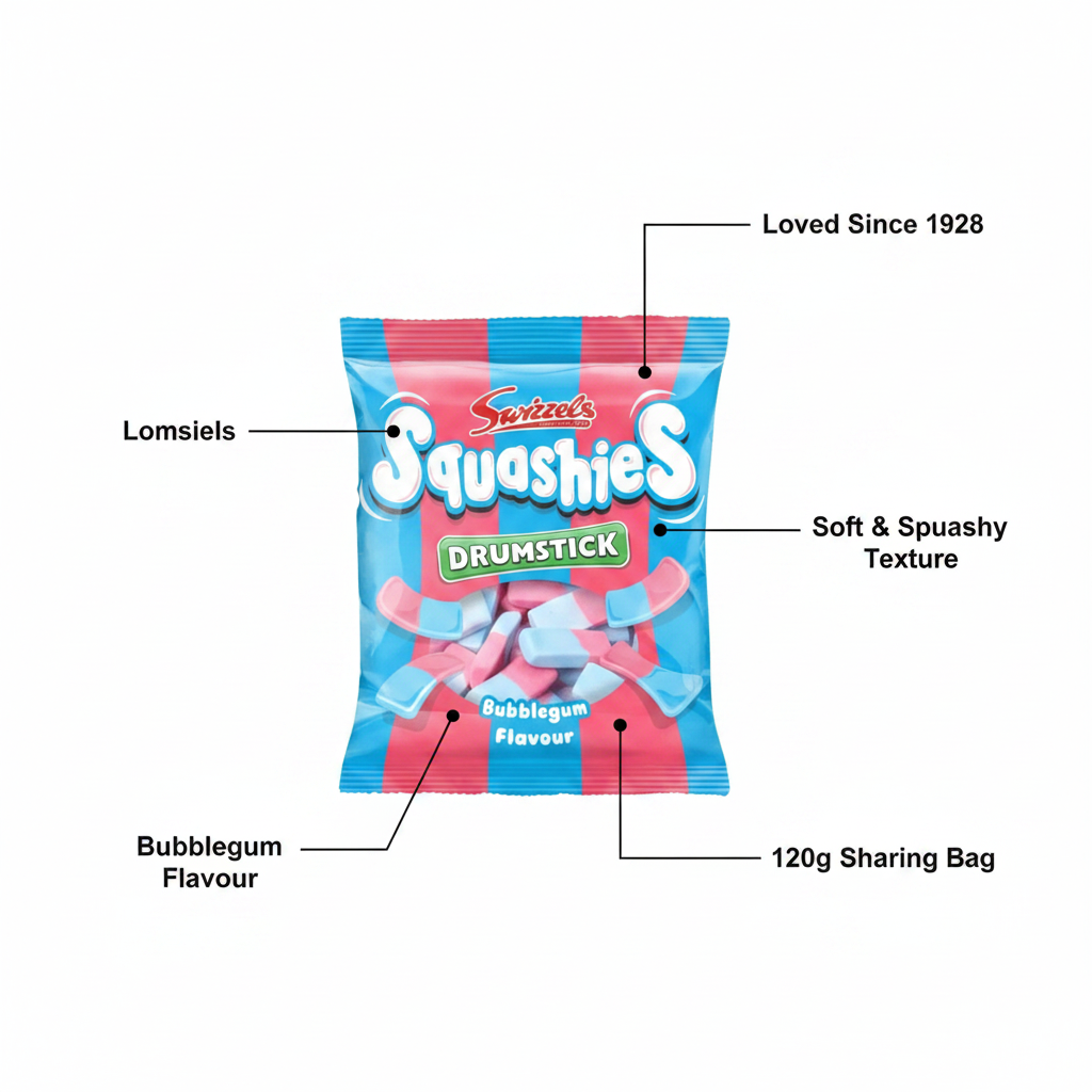 Swizzels Squashies Drumstick Bubblegum Flavour 120g - product highlight with packaging callouts