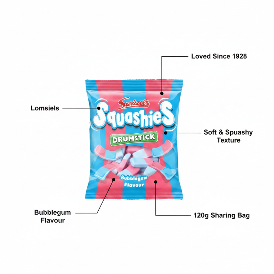 Swizzels Squashies Drumstick Bubblegum Flavour 120g - product highlight with packaging callouts