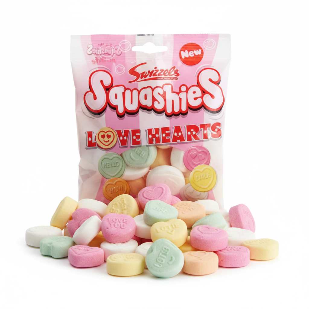 Swizzels Squashies Love Hearts 120g bag with colourful heart-shaped fruit sweets spilling out on a white background
