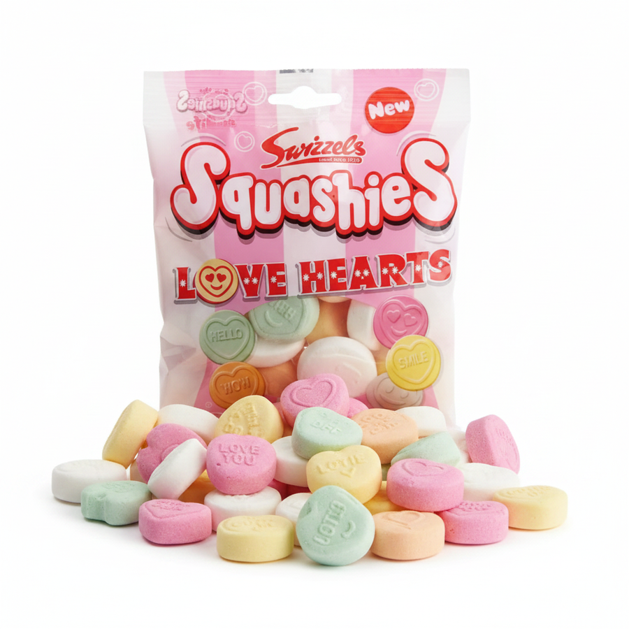Swizzels Squashies Love Hearts 120g bag with colourful heart-shaped fruit sweets spilling out on a white background