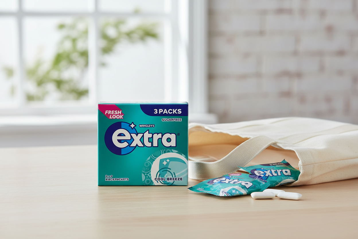 Wrigley's Extra Cool Breeze Sugar Free Gum 3 Pack - lifestyle image with tote bag and individual packet