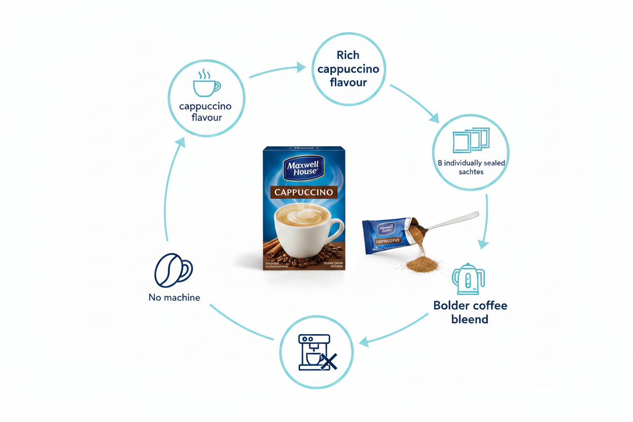 Maxwell House Cappuccino Instant Coffee Sachets product feature infographic showing key features: rich cappuccino flavour, 8 sachets, just add hot water, bolder coffee blend, no machine needed
