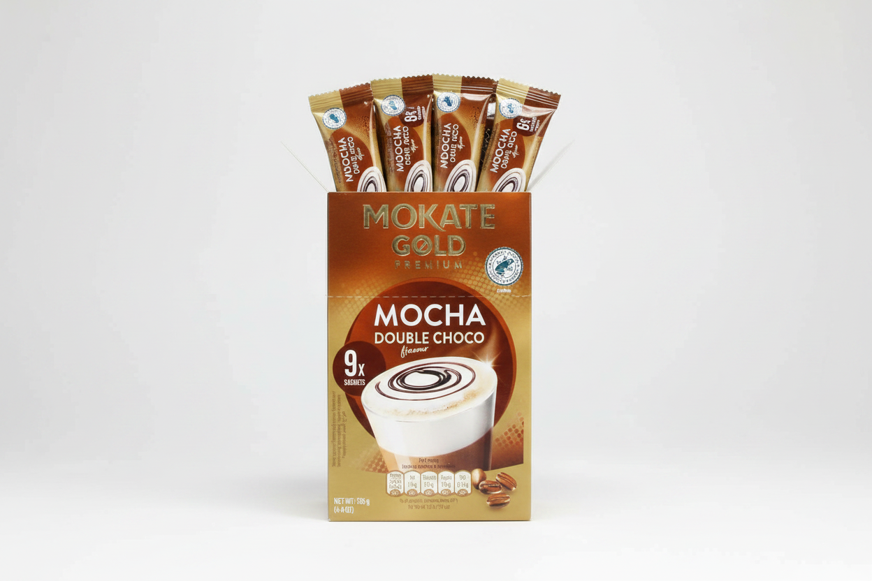 Mokate Gold Premium Double Choco Mocha box with 9 sachets, brown and gold packaging design