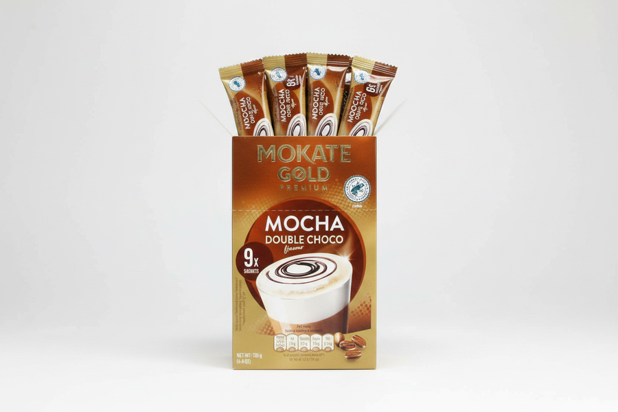 Mokate Gold Premium Double Choco Mocha box with 9 sachets, brown and gold packaging design