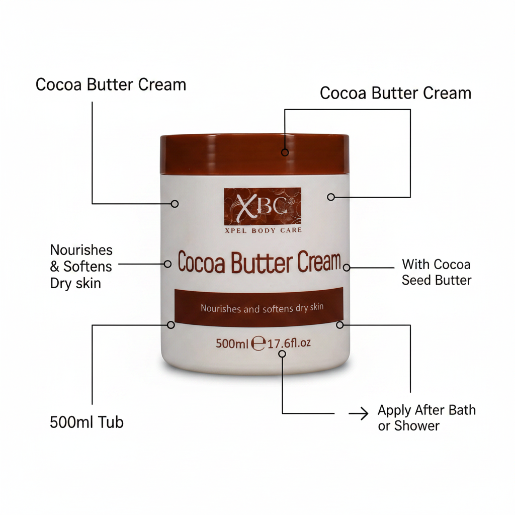 XBC Cocoa Butter Cream 500ml - product highlight with packaging callouts