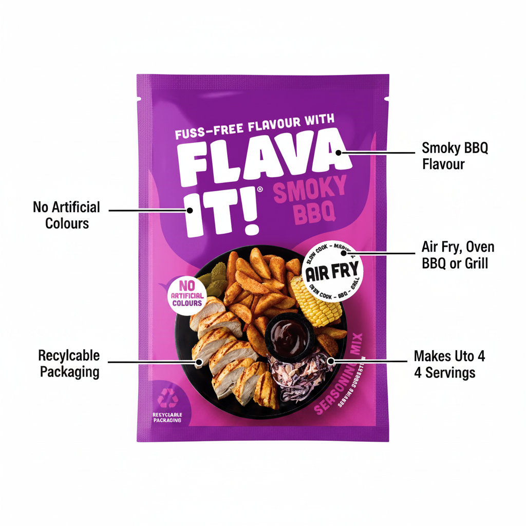 Flava It! Smoky BBQ Seasoning Mix 35g - product highlight with packaging callouts