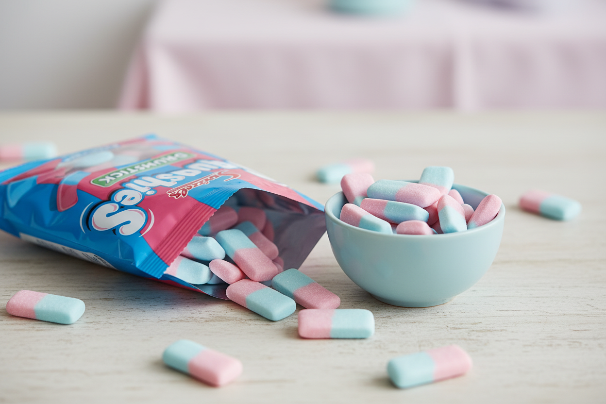 Swizzels Squashies Drumstick Bubblegum Flavour 120g - lifestyle image with sweets spilling into a bowl