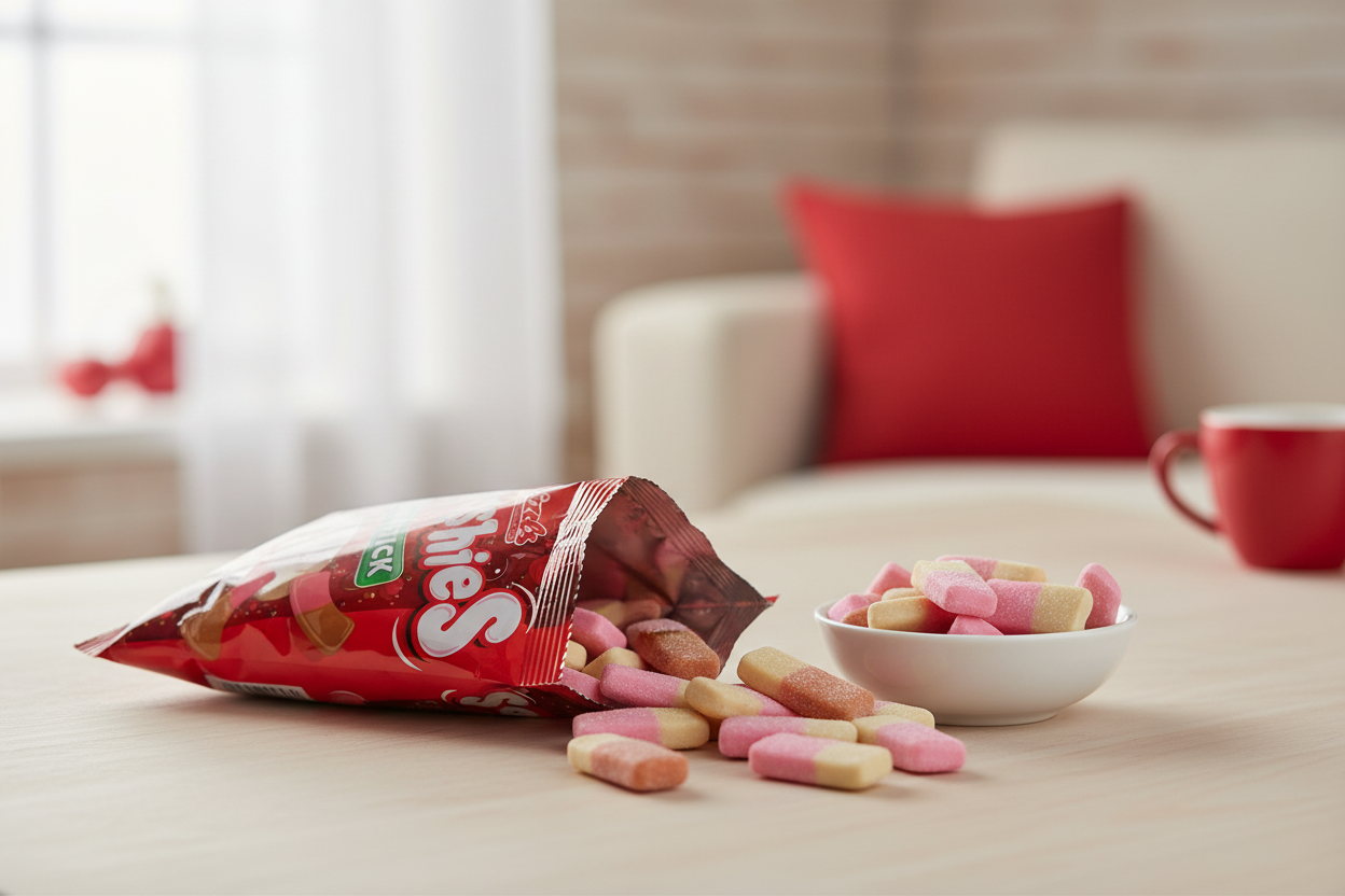 Swizzels Squashies Drumstick Cherry Cola Flavour 120g - lifestyle image with sweets spilling into a bowl