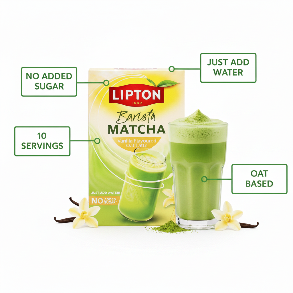 Lipton Barista Vanilla Matcha Oat Latte product highlight with key feature callouts