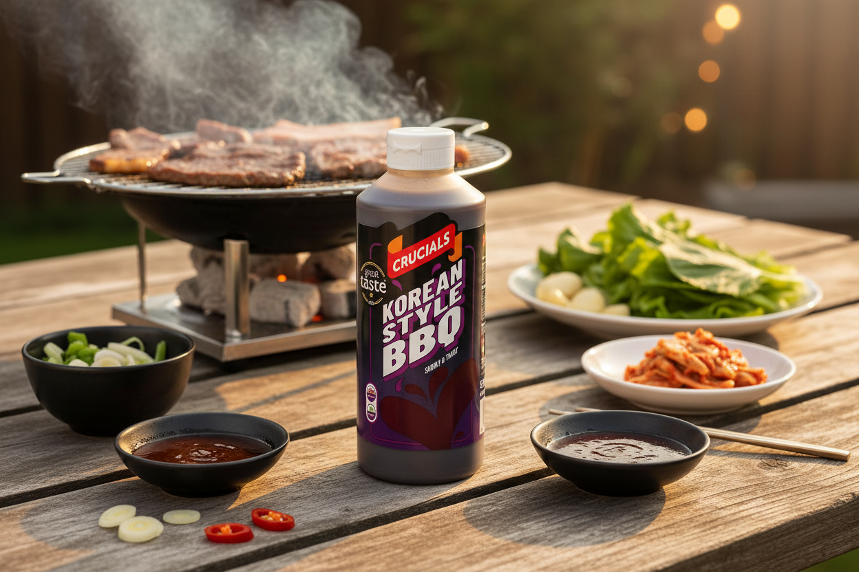 Crucials Korean Style Smoky & Tangy BBQ Sauce 500ml - lifestyle image at outdoor Korean BBQ
