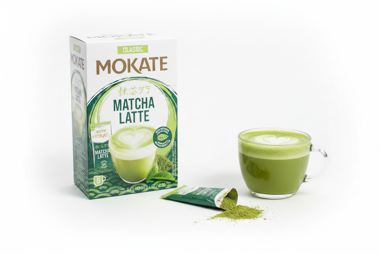 Mokate Classic Matcha Latte box with open sachet and prepared frothy green matcha latte, white and green packaging