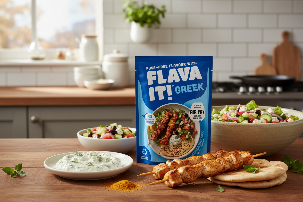 Flava It! Greek Seasoning Mix 35g - lifestyle image with chicken skewers, Greek salad and tzatziki