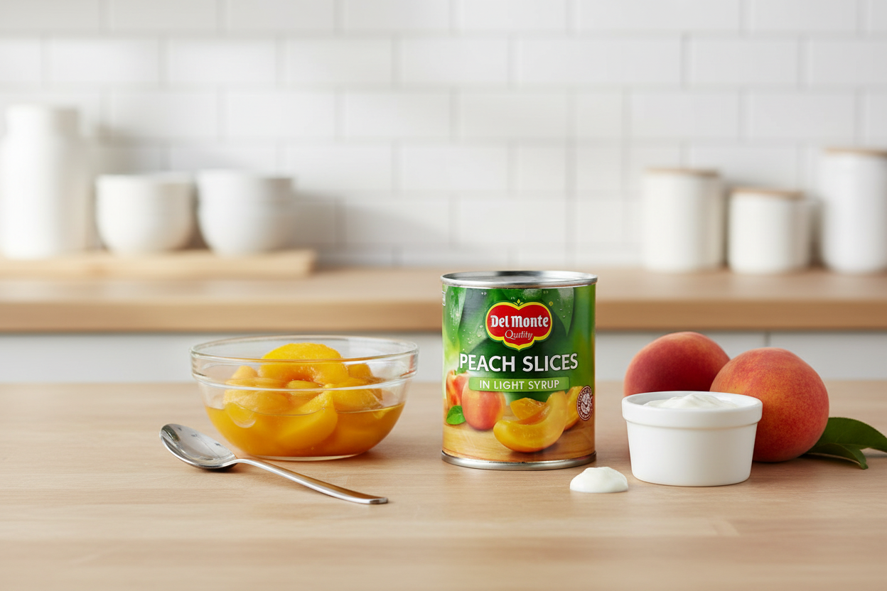 Del Monte Peach Slices in Light Syrup 227g - lifestyle image with peach slices, yoghurt and fresh peaches