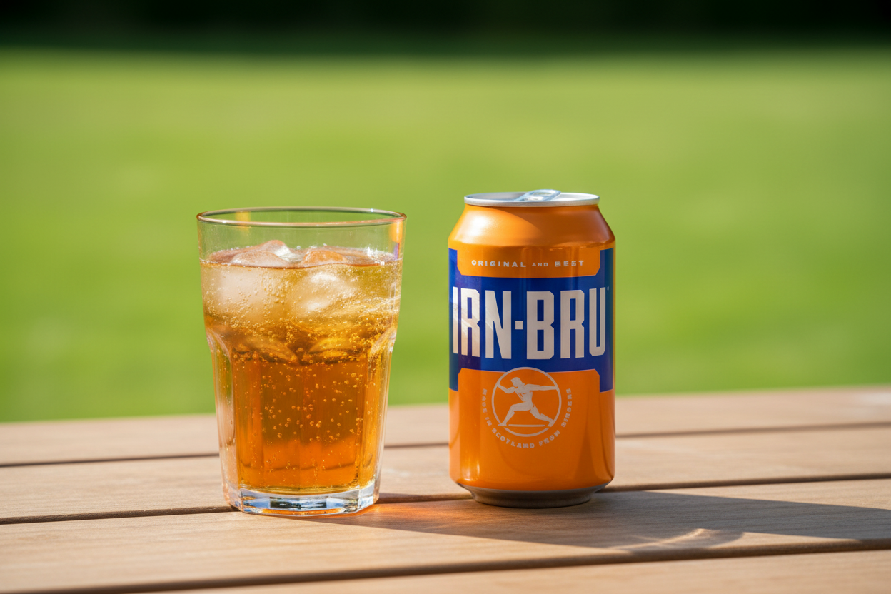 A can of IRN-BRU non-alcoholic beer next to a glass of iced amber beer on a wooden table with a blurred green grass background.