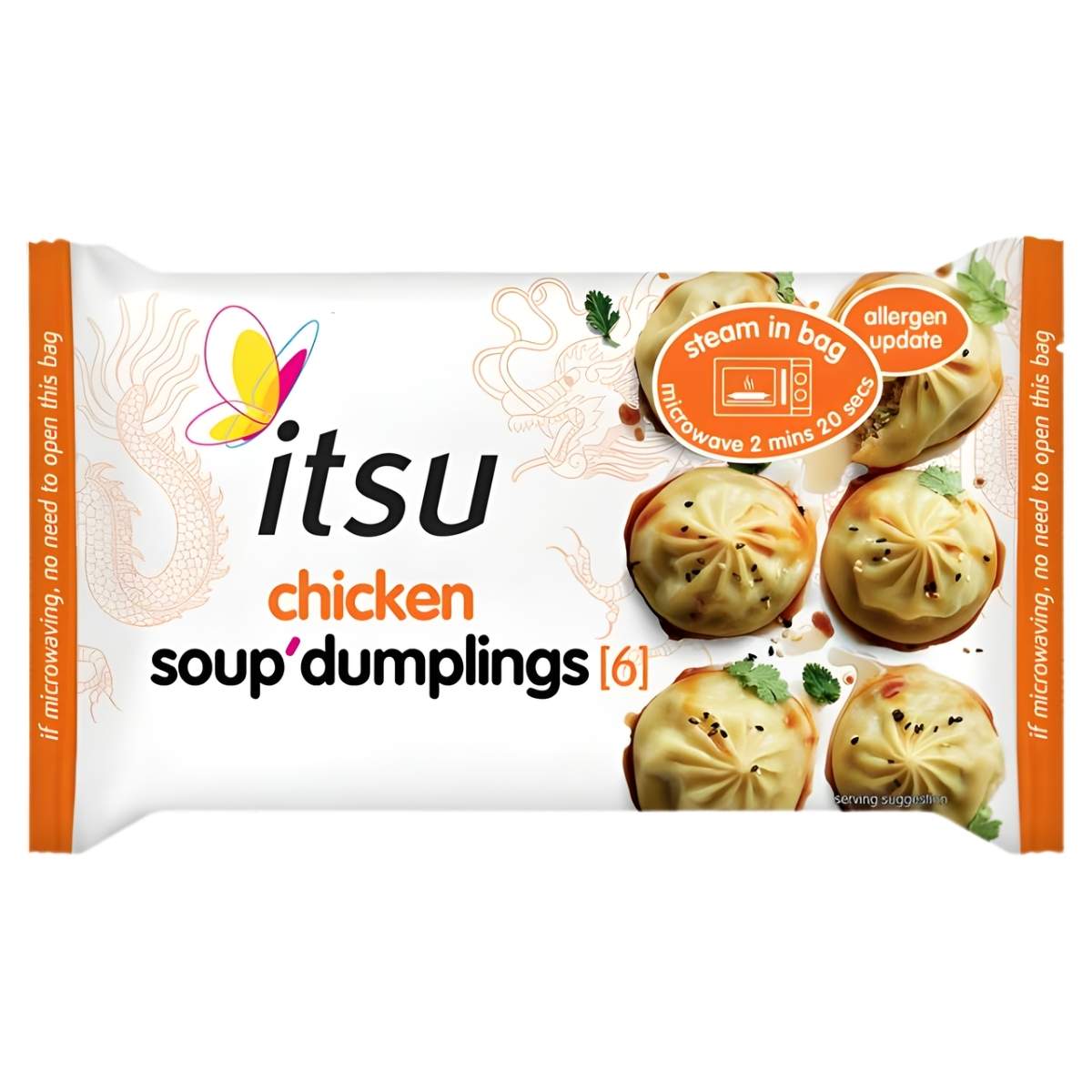 A pack of itsu - Chicken Soup Dumplings - 168g by itsu, featuring an image of six dumplings, cooking instructions, and an allergen update on the front.