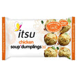 A pack of itsu - Chicken Soup Dumplings - 168g by itsu, featuring an image of six dumplings, cooking instructions, and an allergen update on the front.