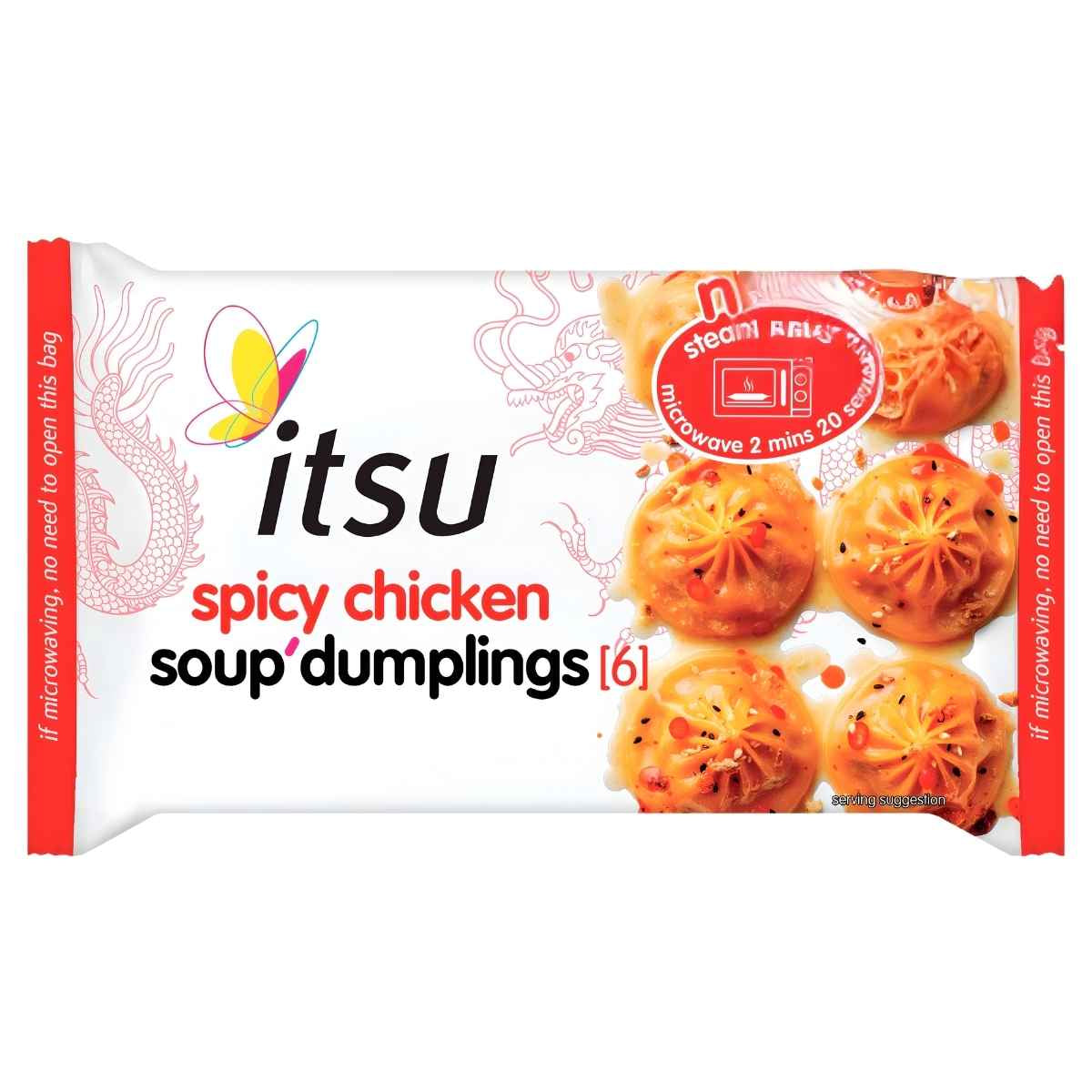 Front of an itsu Spicy Chicken Soup Dumplings 168g pack, showing six Asian-style dumplings with microwave instructions—ideal for a tasty, comforting meal in minutes.