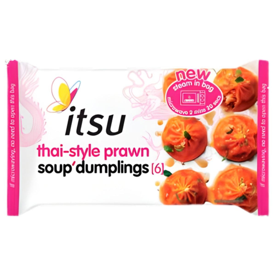 A 168g pack of itsu Thai Style Prawn Soup Dumplings, featuring six dumplings and microwave steaming instructions on the front—ideal for fans of Southeast Asian flavors.