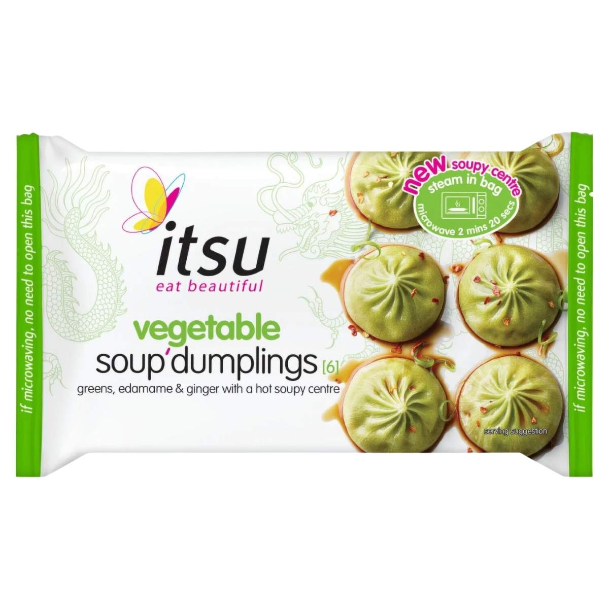 A 168g pack of itsu Vegetable Soup Dumplings, with greens, edamame, and ginger, displays six dumplings on the front.
