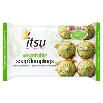 A 168g pack of itsu Vegetable Soup Dumplings, with greens, edamame, and ginger, displays six dumplings on the front.