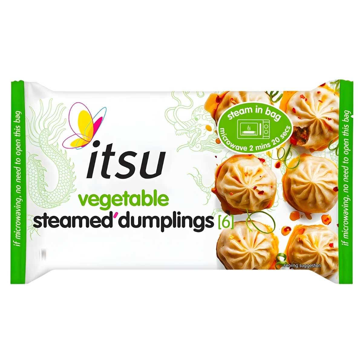 A pack of itsu Vegetable Steamed Dumplings (168g) features six dumplings on the pack, includes microwave steam-in-bag instructions, and is perfect served with miso broth.