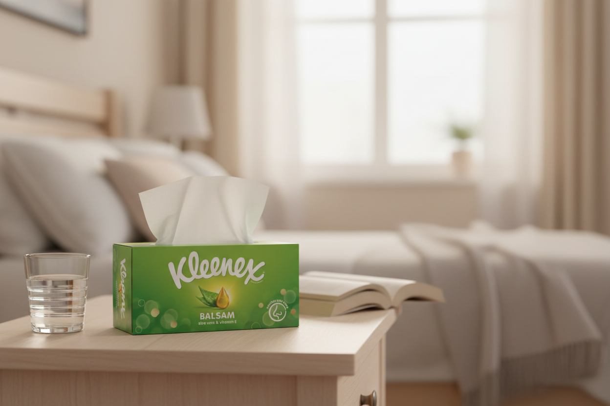 A box of Kleenex Balsam Tissues - 64 Tissues from Kleenex, along with an open book and a glass of water, rests on a nightstand beside a neatly made bed in a softly lit bedroom.