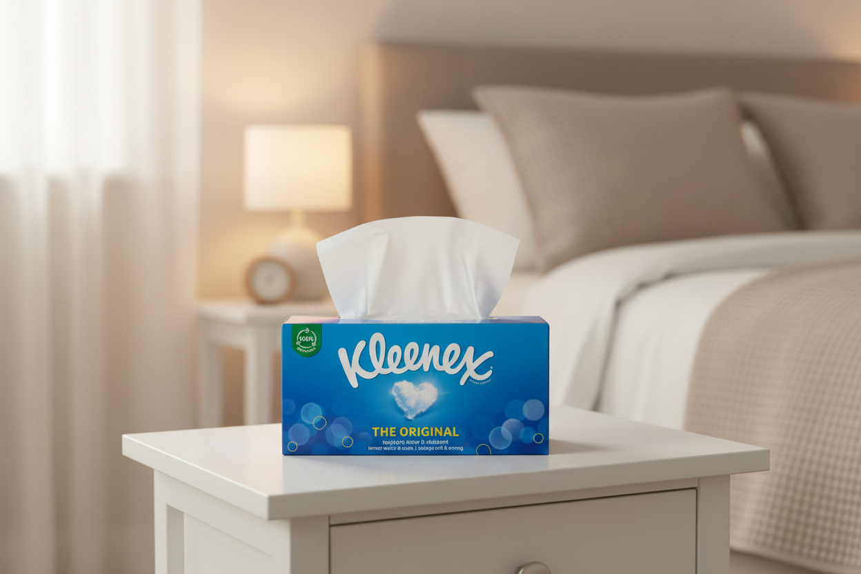 A box of Kleenex - The Original Tissues - 72 Tissues by Kleenex, known for its gentle touch, rests on a white nightstand in a softly lit bedroom with a bed and lamp in the background.