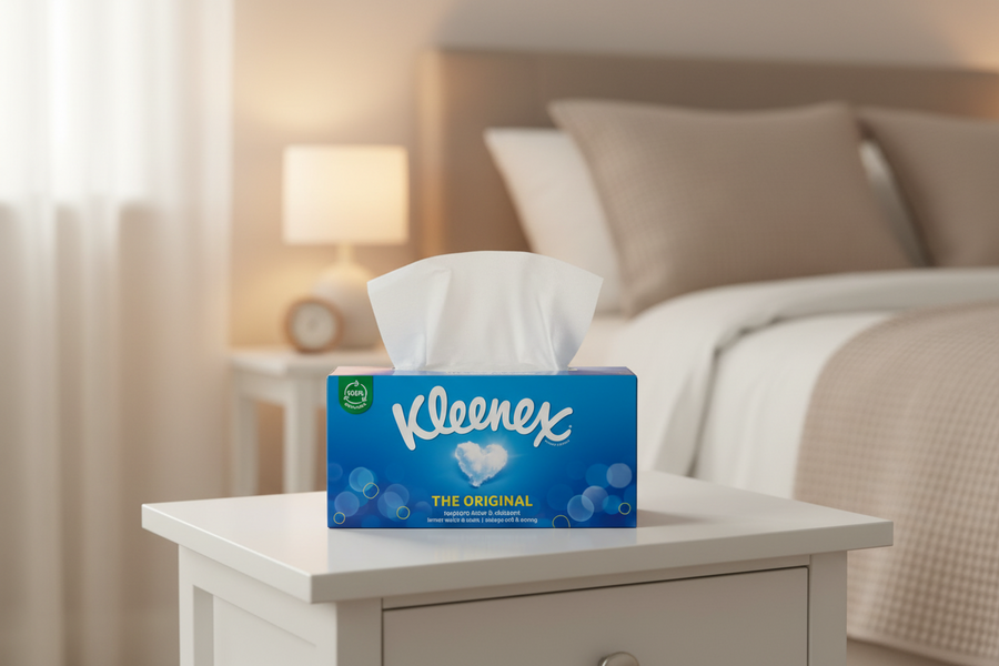 A box of Kleenex - The Original Tissues - 72 Tissues by Kleenex, known for its gentle touch, rests on a white nightstand in a softly lit bedroom with a bed and lamp in the background.