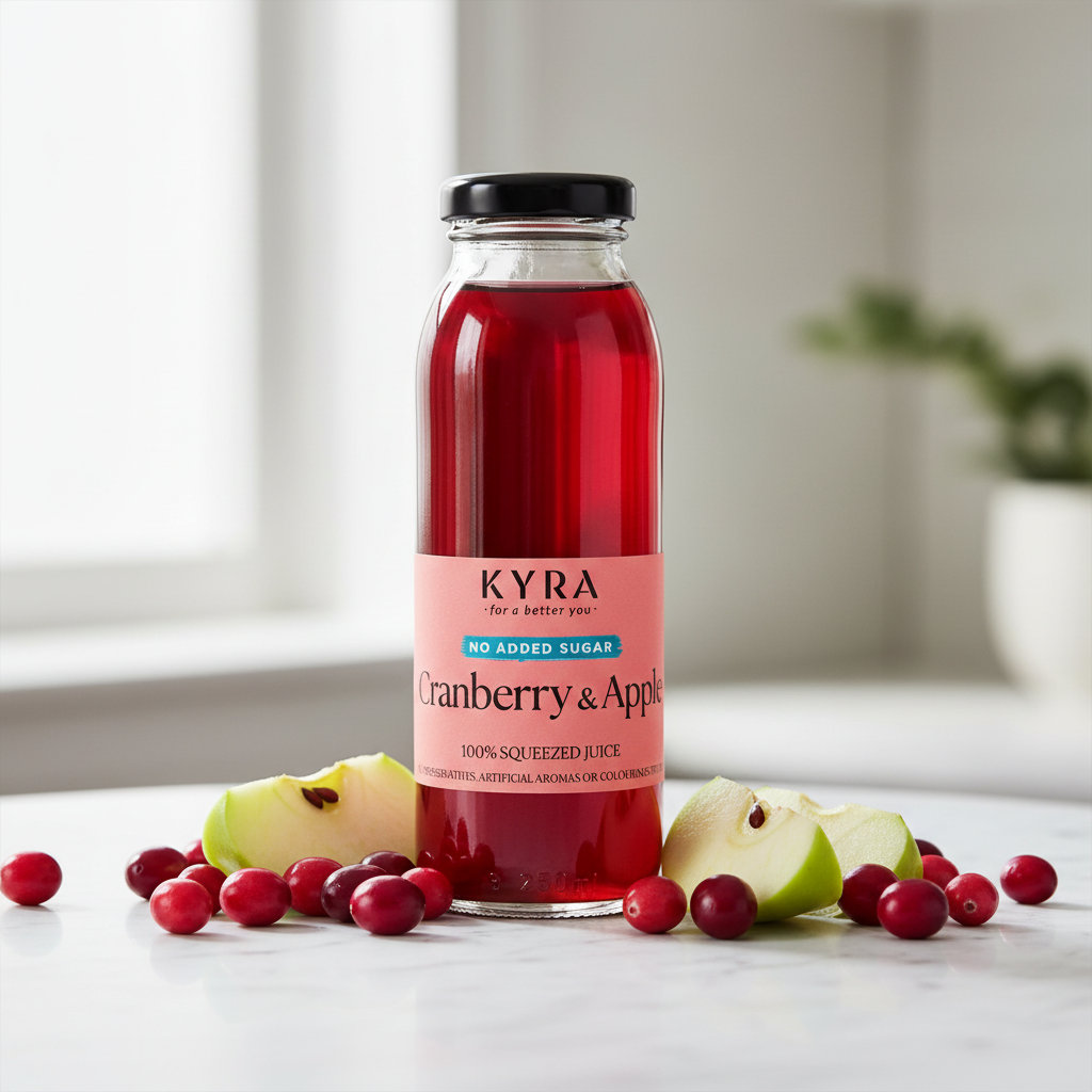 A 250ml glass bottle of Kyra - No Added Sugar Cranberry & Apple Juice stands on a white surface, surrounded by fresh cranberries and sliced green apples. This refreshing juice from Kyra contains no added sugar, capturing the natural flavors of cranberries and apples in every sip.