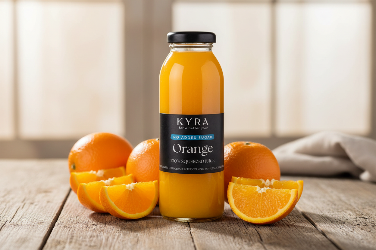 A 250ml glass bottle of Kyra - No Added Sugar Orange Juice rests on a wooden table amid whole and sliced oranges, softly illuminated by window light in the background.