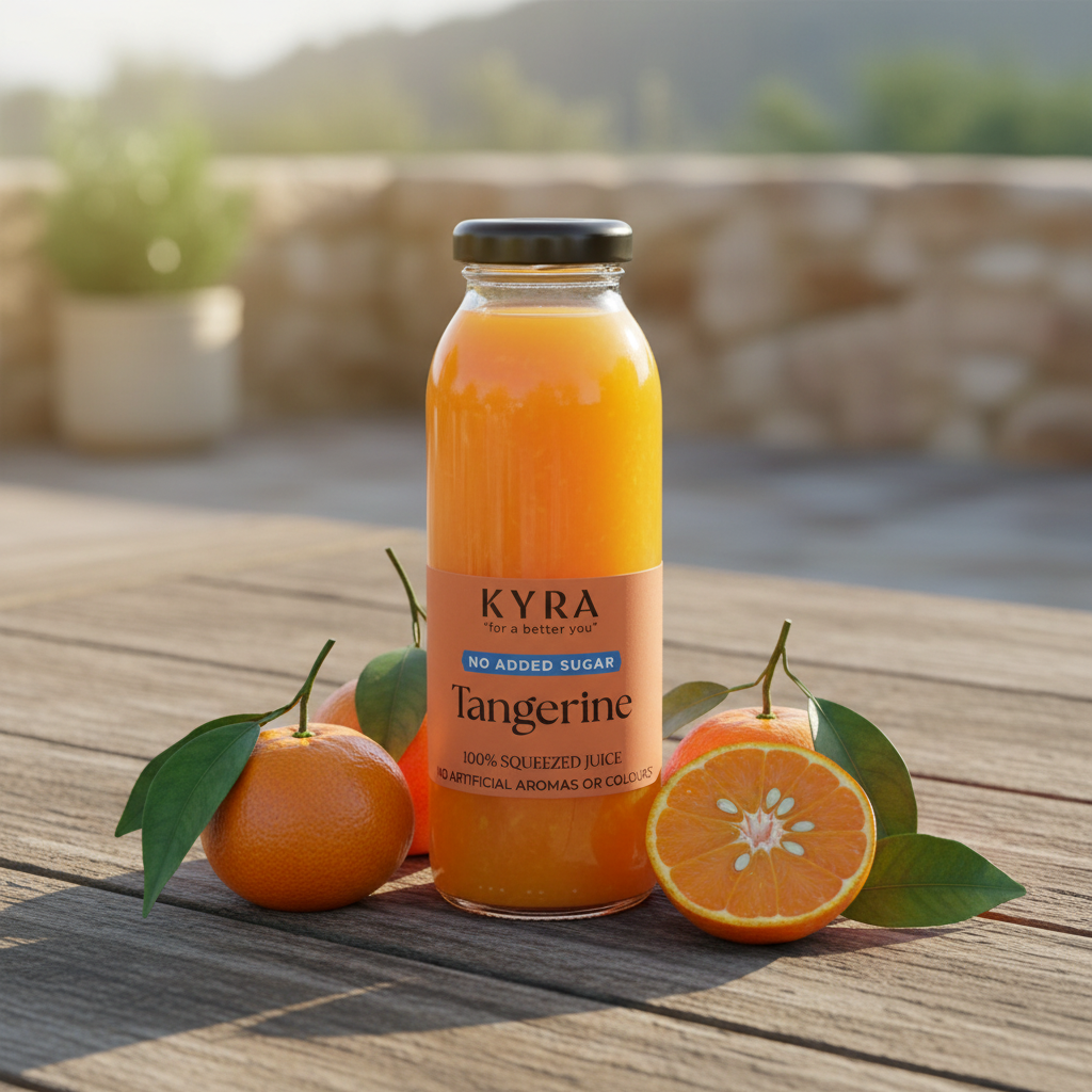 A 250ml bottle of Kyra No Added Sugar Tangerine Juice, made from 100% squeezed tangerines, is displayed on a wooden table alongside whole and halved tangerines and green leaves, set outdoors in natural light.