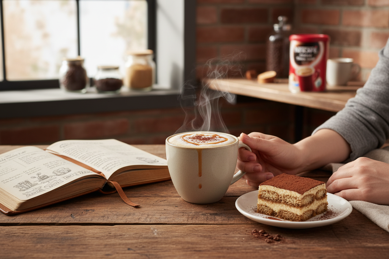 A cozy cafe-style scene with a person holding a steaming white coffee mug, next to a slice of tiramisu on a plate and an open book on a wooden table. A red canister of coffee is visible in the blurred background near a brick wall and window.