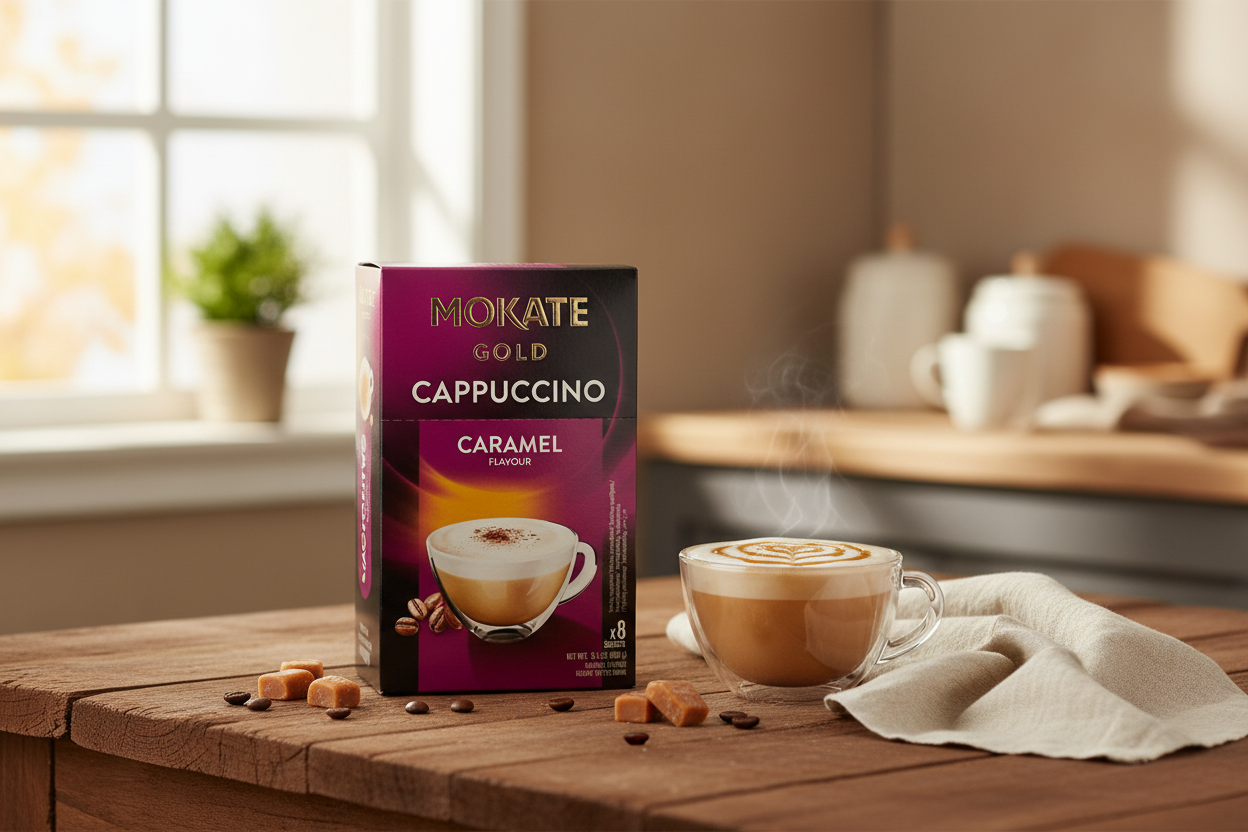 A box of MOKATE Gold Cappuccino Caramel Flavour stands on a wooden table beside a steaming glass cup of cappuccino, with caramel cubes and coffee beans scattered nearby in a softly lit kitchen setting.