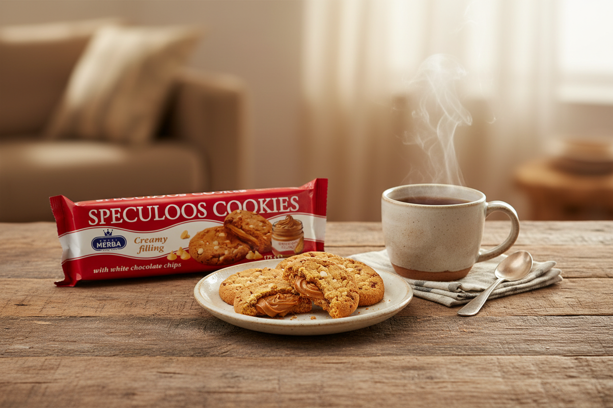 A plate of Merba Creamy Filling Cookies with White Chocolate Chips sits next to a steaming mug on a wooden table, with the red 175g package of Dutch-baked Merba cookies and a spoon resting on a napkin nearby.