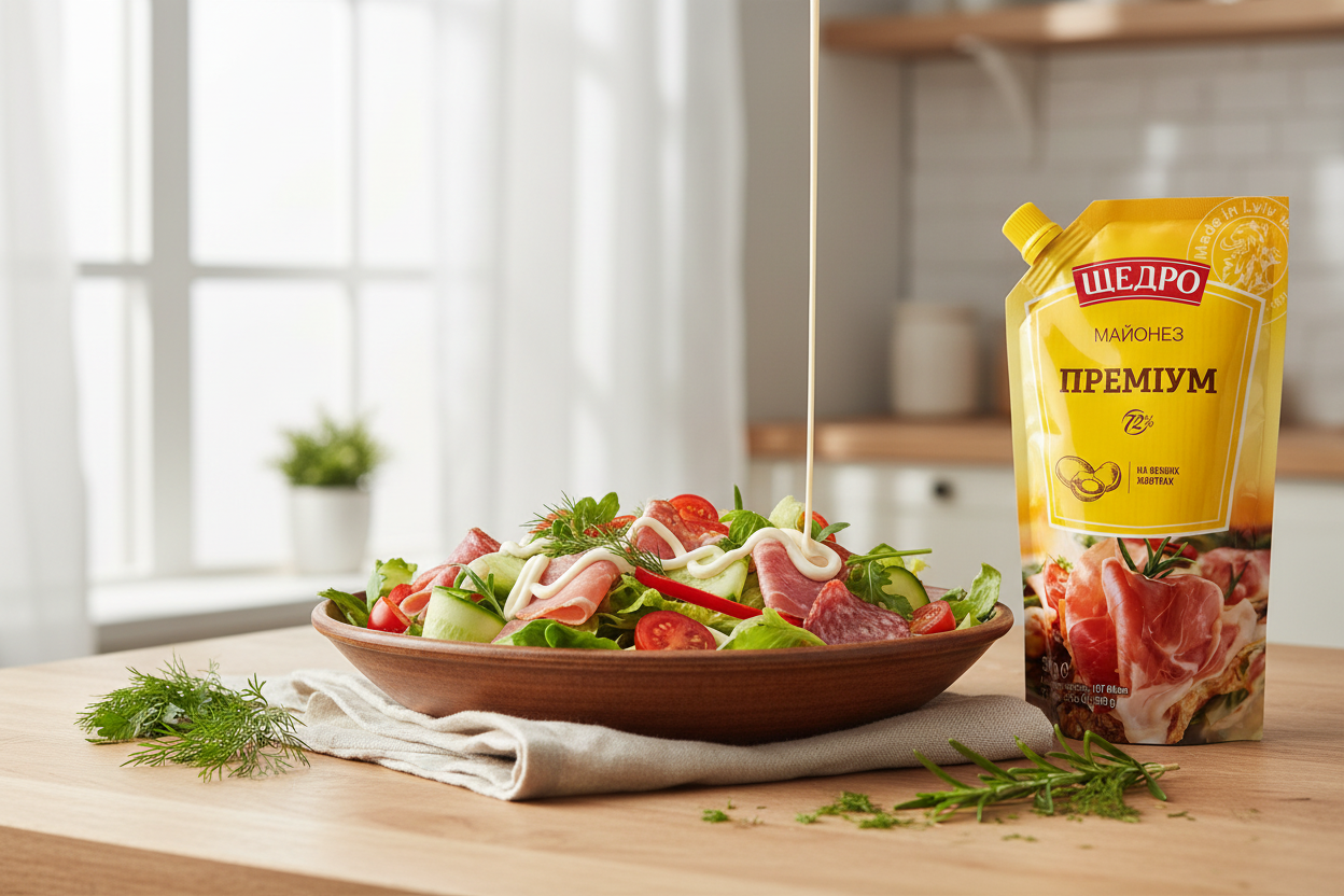A plate of salad with vegetables and cured meat sits on a table as rich Shchedro’s Premium Mayonnaise (Fat 72%) is poured over it. A 300g packet of Premium mayonnaise stands upright nearby, while herbs are scattered on the wooden surface.