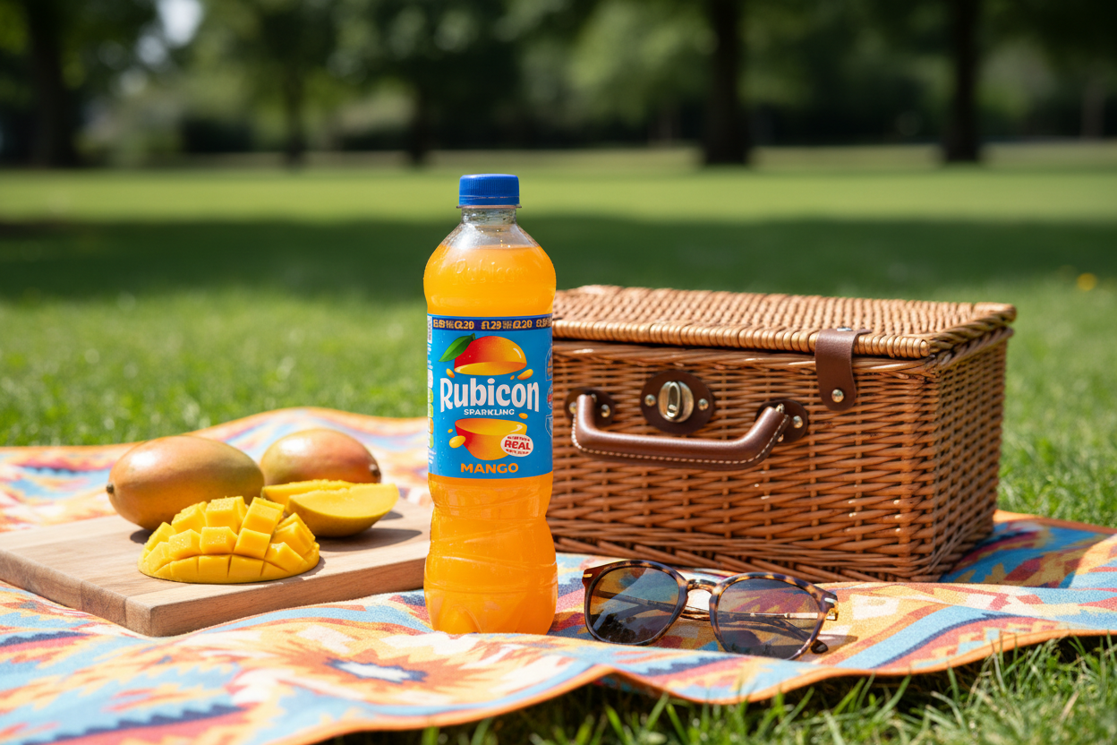 A bottle of Rubicon mango juice stands on a colorful picnic blanket in a park, surrounded by mangoes on a cutting board, sunglasses, and a wicker picnic basket.