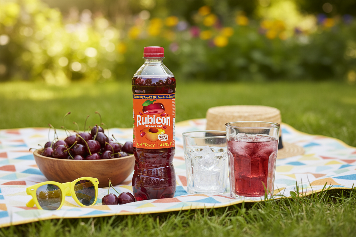A 500ml bottle of Rubicon Cherry Burst from Rubicon—a sparkling cherry drink—rests next to a bowl of cherries, sunglasses, and two glasses brimming with vibrant beverages on an outdoor picnic blanket, while a hat and blurred blossoms in the background enhance the refreshing atmosphere.