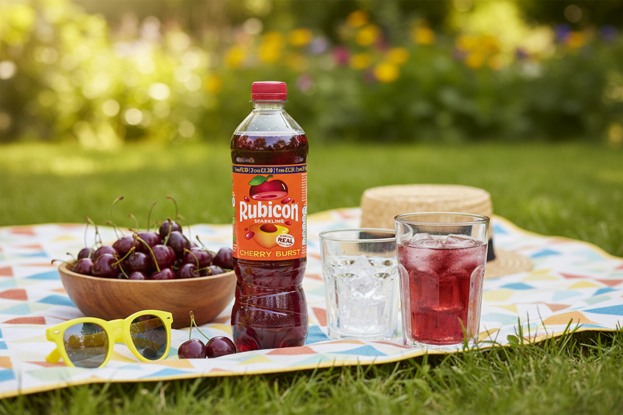 A 500ml bottle of Rubicon Cherry Burst from Rubicon—a sparkling cherry drink—rests next to a bowl of cherries, sunglasses, and two glasses brimming with vibrant beverages on an outdoor picnic blanket, while a hat and blurred blossoms in the background enhance the refreshing atmosphere.