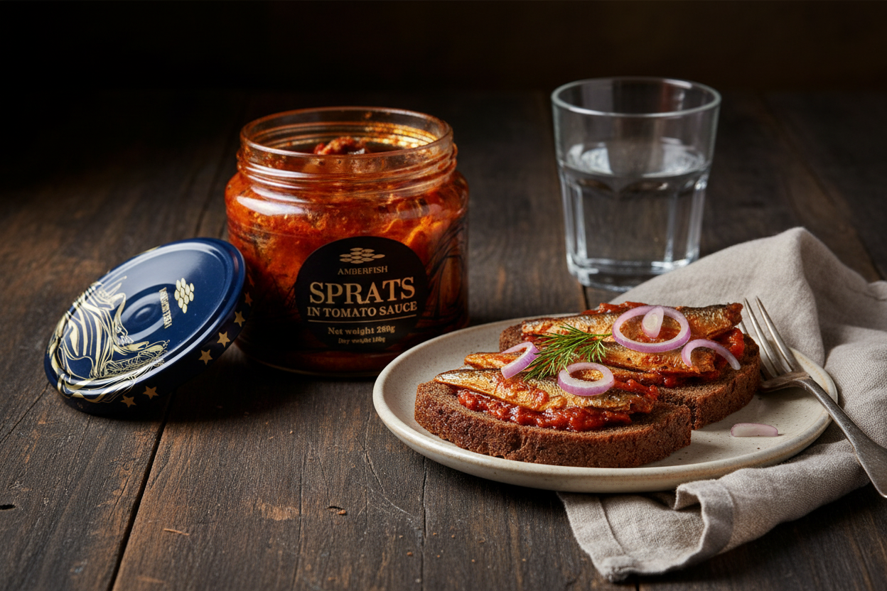 A plate with rye bread topped with smoked sprats and onions, a jar of Amberfish - Sprats In Tomato Sauce (280g) from Amberfish, a closed jar lid, and a glass of water on a wooden table.
